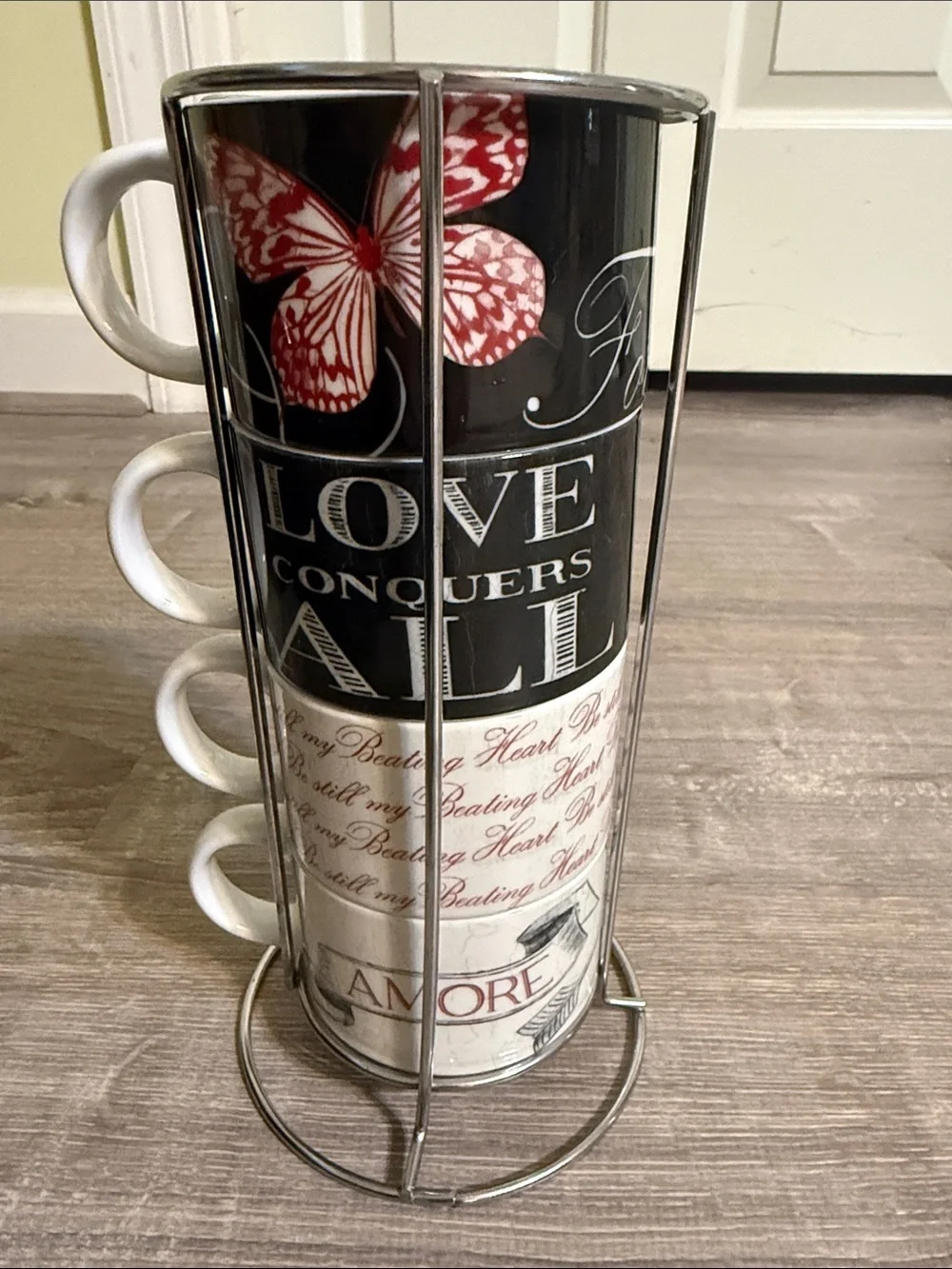 Pier 1 Imports Ceramic Stacking Mugs - Be Still My Beating Heart Rack Set of 4